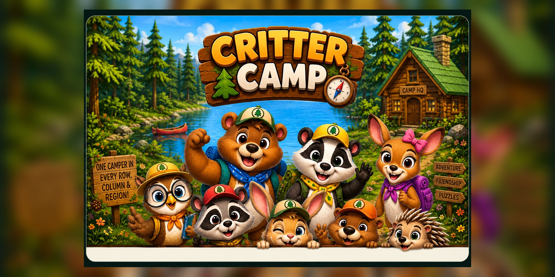 Critter Camp characters and campsite surrounding the Critter Camp logo in a wide forest banner
